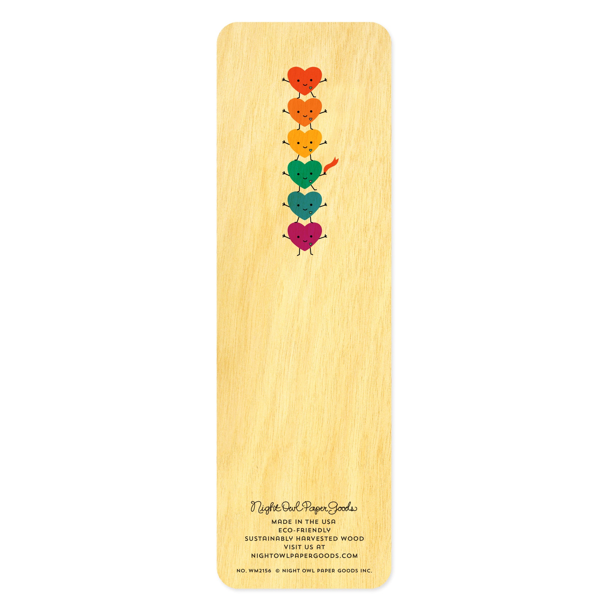 Back side of wooden bookmark with colorful dancing heart design