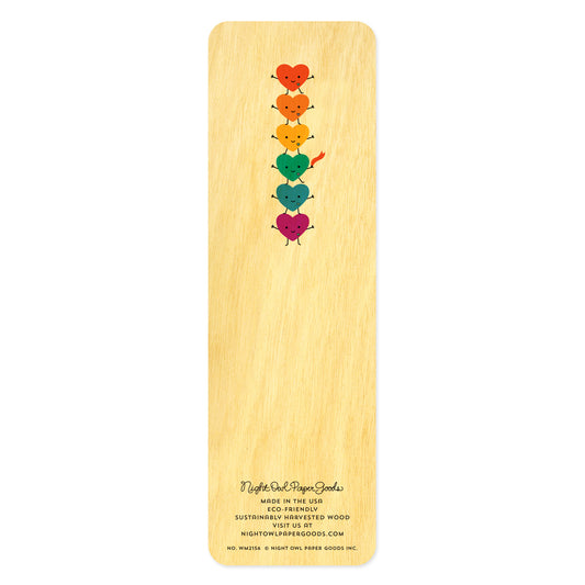 Back side of wooden bookmark with colorful dancing heart design