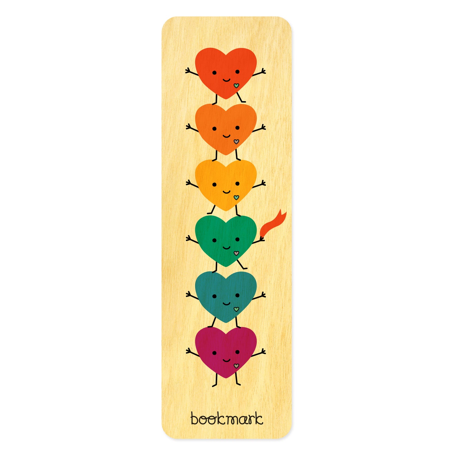 Wooden bookmark with colorful dancing heart designs