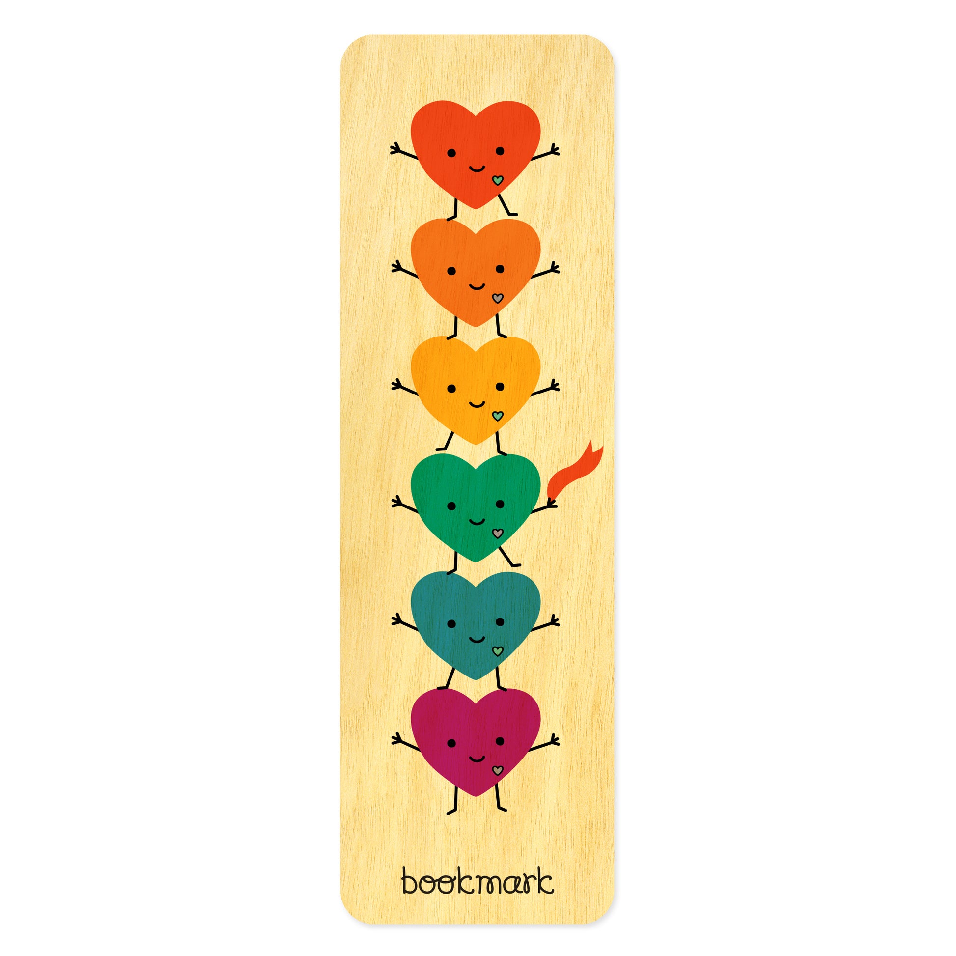 Wooden bookmark with colorful dancing heart designs