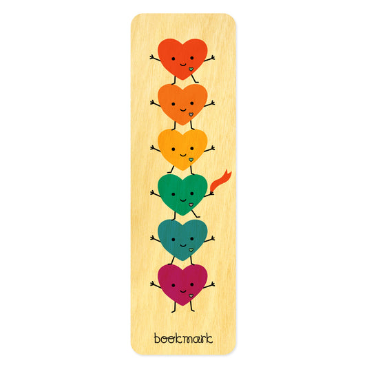 Wooden bookmark with colorful dancing heart designs