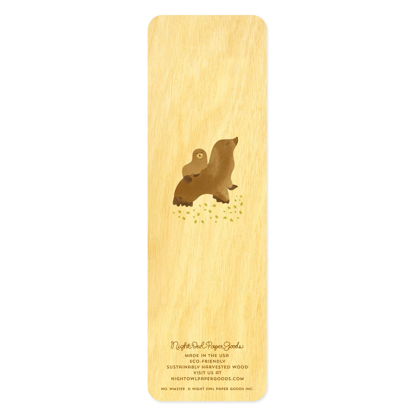Back side of wooden bookmark with two illustrated sea lions
