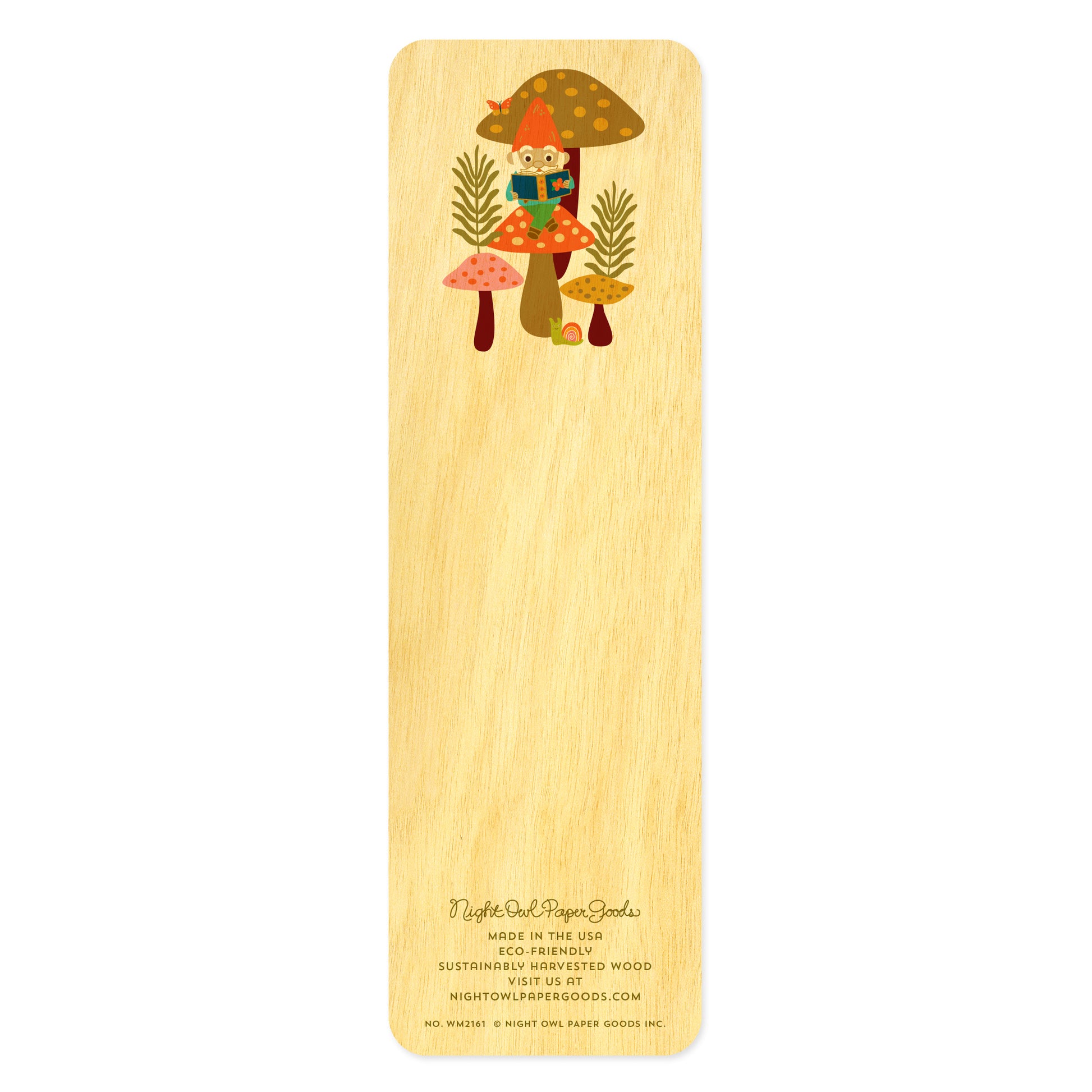 Back side of wooden bookmark with an illustration of a gnome sitting on a mushroom reading 