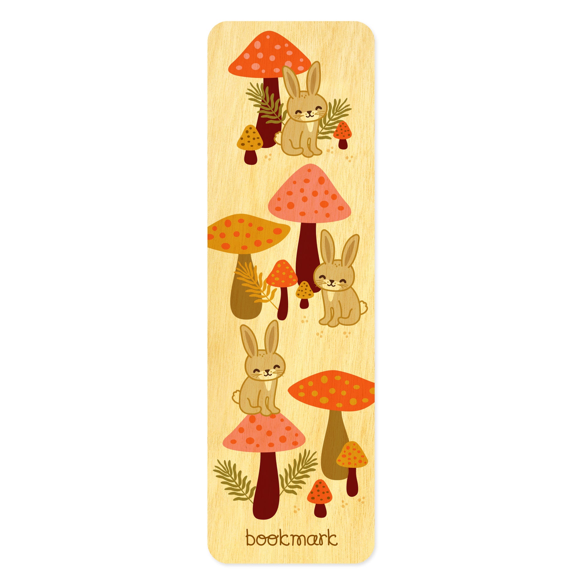 Wooden bookmark with cartoon rabbits and mushrooms 
