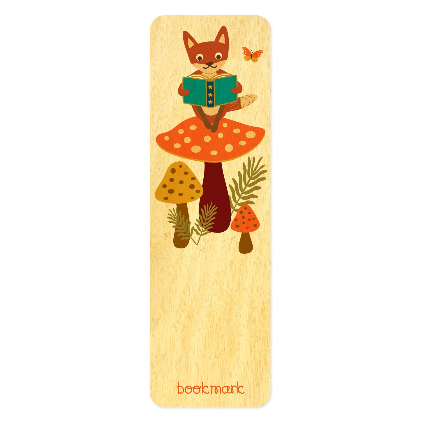 Wooden bookmark with fox sitting on a big mushroom reading a book 