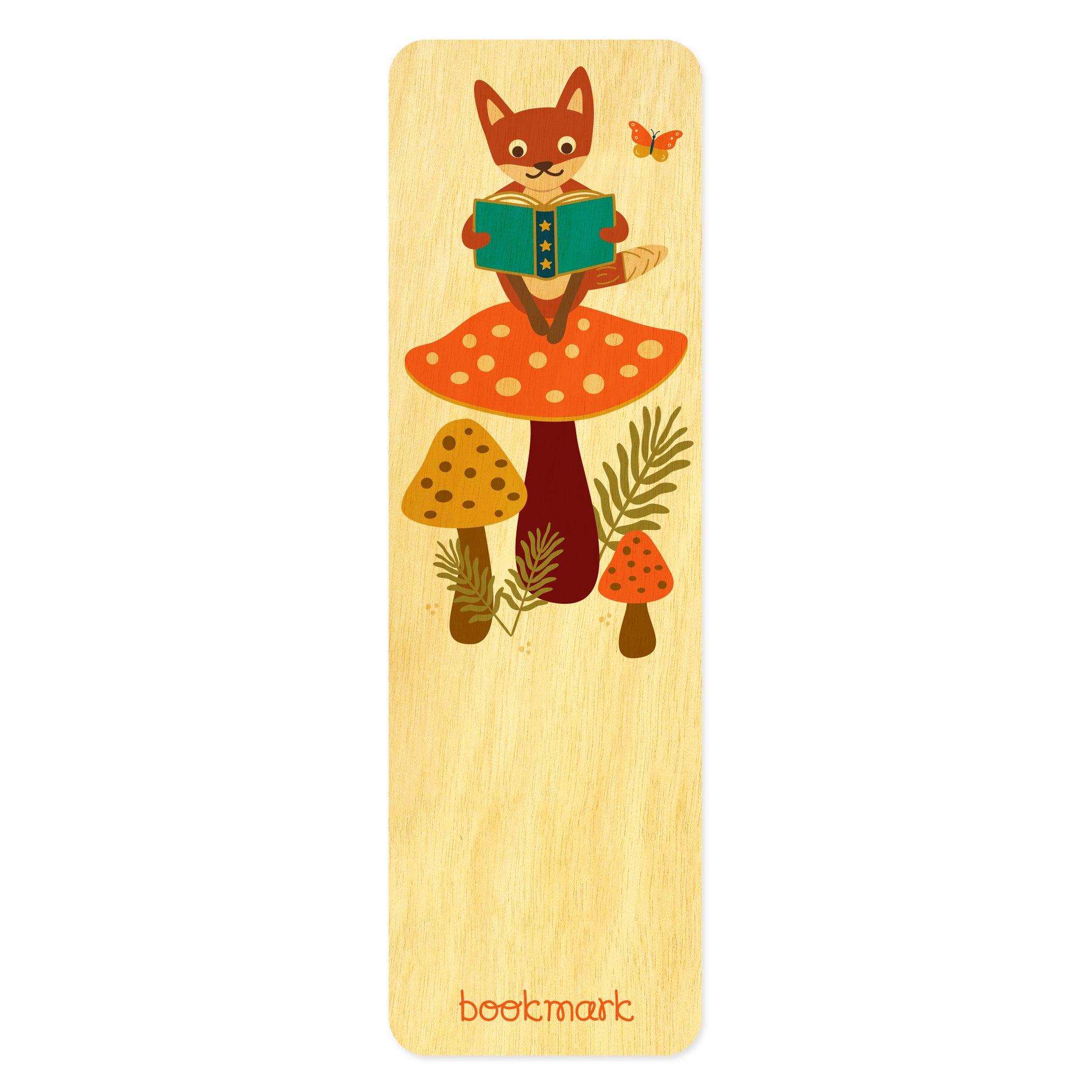 Wooden bookmark with fox sitting on a big mushroom reading a book 