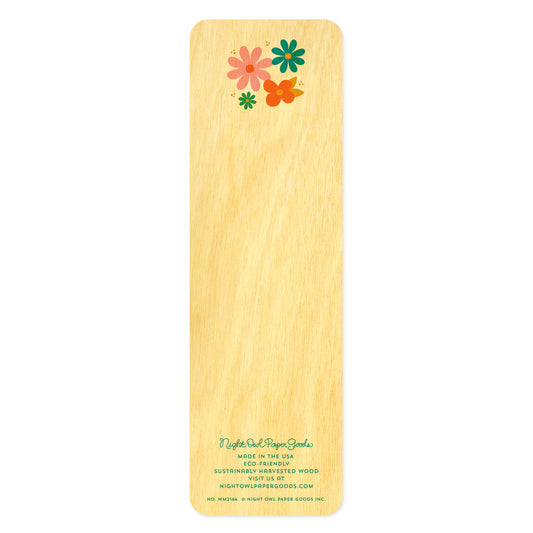 Back side of wooden bookmark with colorful flowers