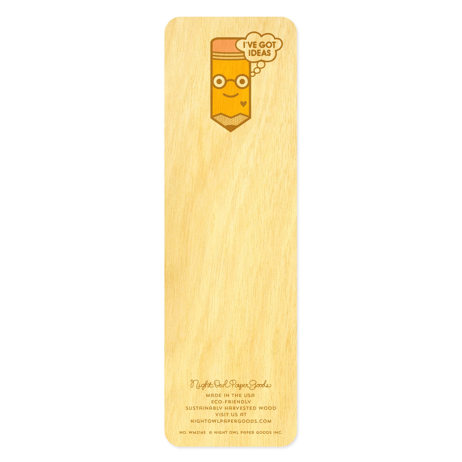 Back of wooden bookmark featuring yellow happy pencil 