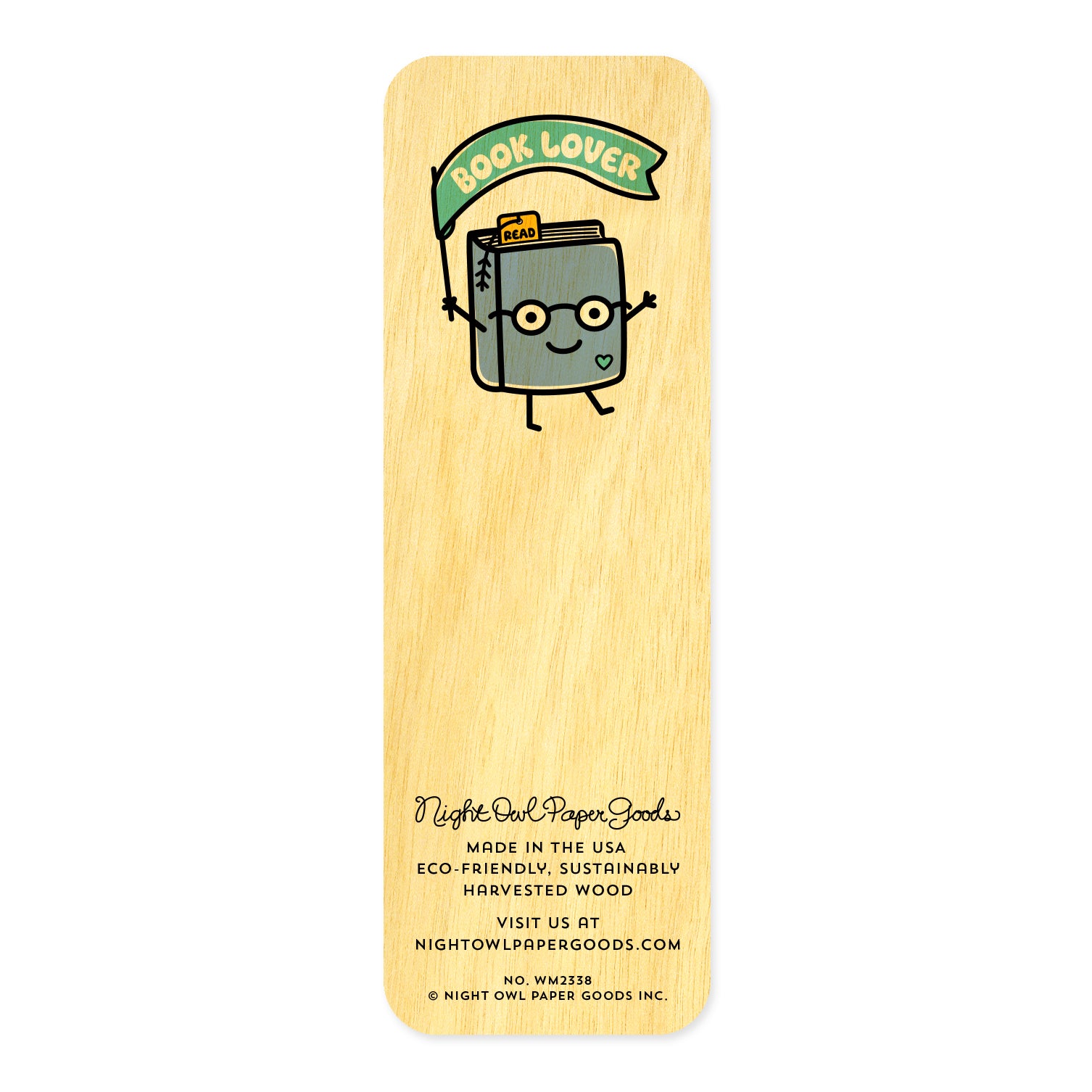 Wooden bookmark with cartoon book character and 'Book Lover' banner.