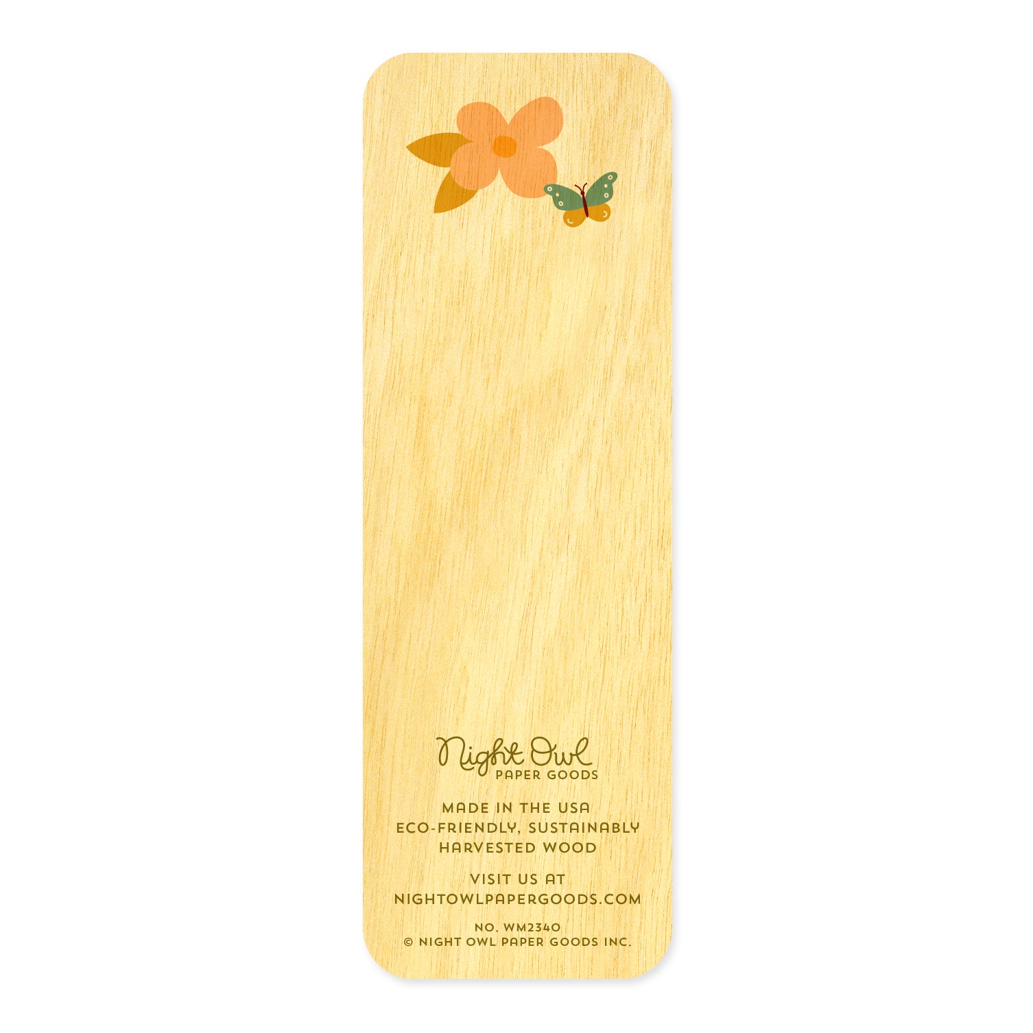 Back of Mom Time birch wood mini bookmark featuring a light pink flower and colorful butterfly. At the bottom, the Night Owl Paper Goods script logo appears above text reading "Made in the USA - Eco-Friendly Sustainably Harvested Wood - Visit us at nightowlpapergoods.com."