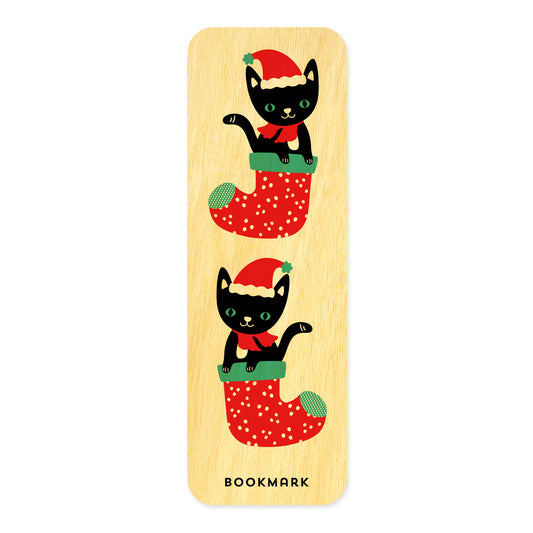 Front of Stocking Cats birch wood mini bookmark with rounded corners, featuring two black cats wearing red Santa hats and scarves, sitting in red Christmas stockings. Text at bottom reads "BOOKMARK."
