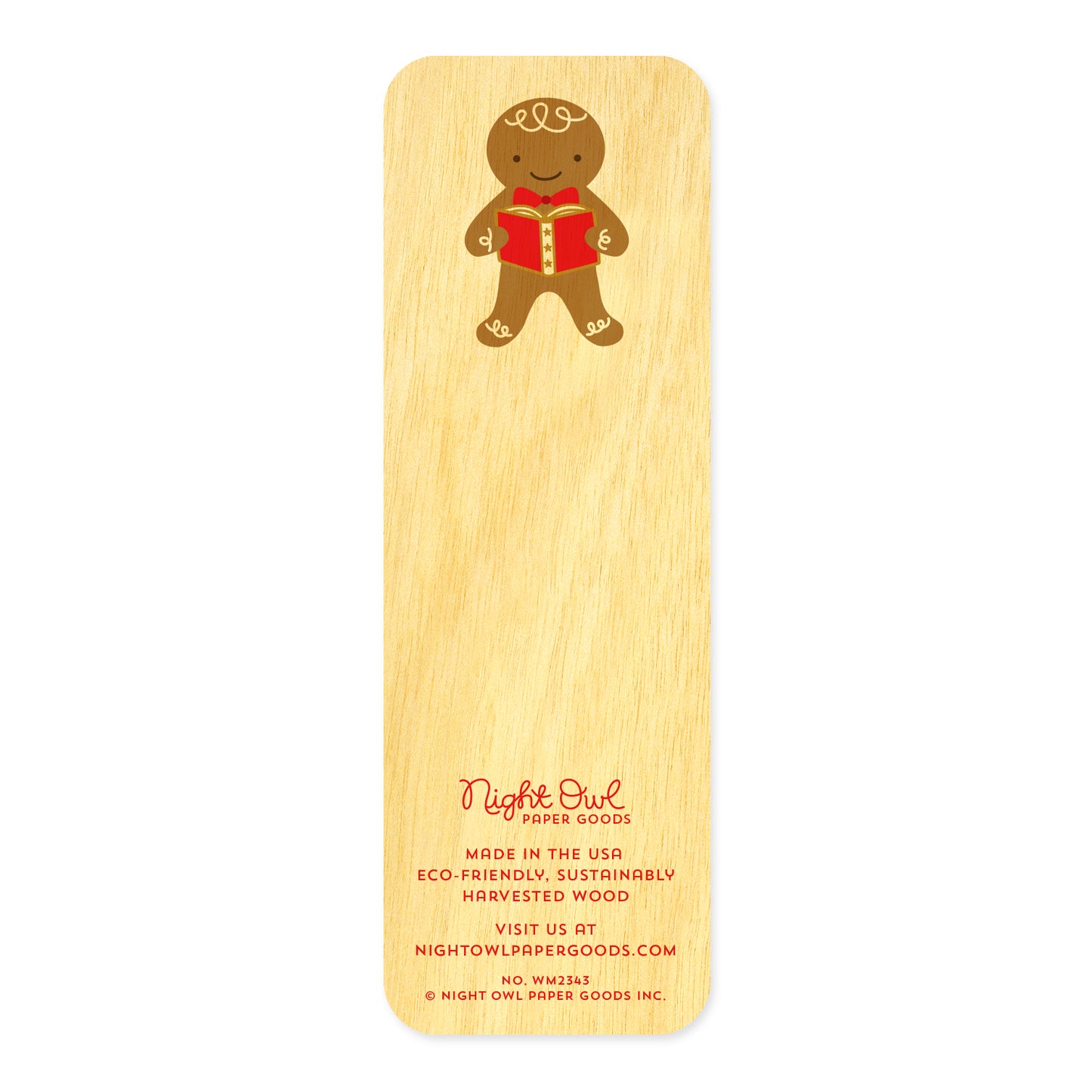 Back of Gingerbread birch wood mini bookmark, featuring a smiling gingerbread cookie holding a red book with decorative details. At the bottom, the Night Owl Paper Goods script logo appears above text reading "Made in the USA - Eco-Friendly Sustainably Harvested Wood - Visit us at nightowlpapergoods.com."