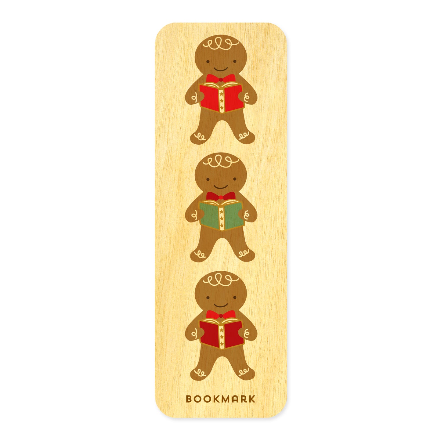 Front of Gingerbread birch wood mini bookmark with rounded corners, featuring three smiling gingerbread cookies holding red and green books with decorative details. Text at bottom reads "BOOKMARK."