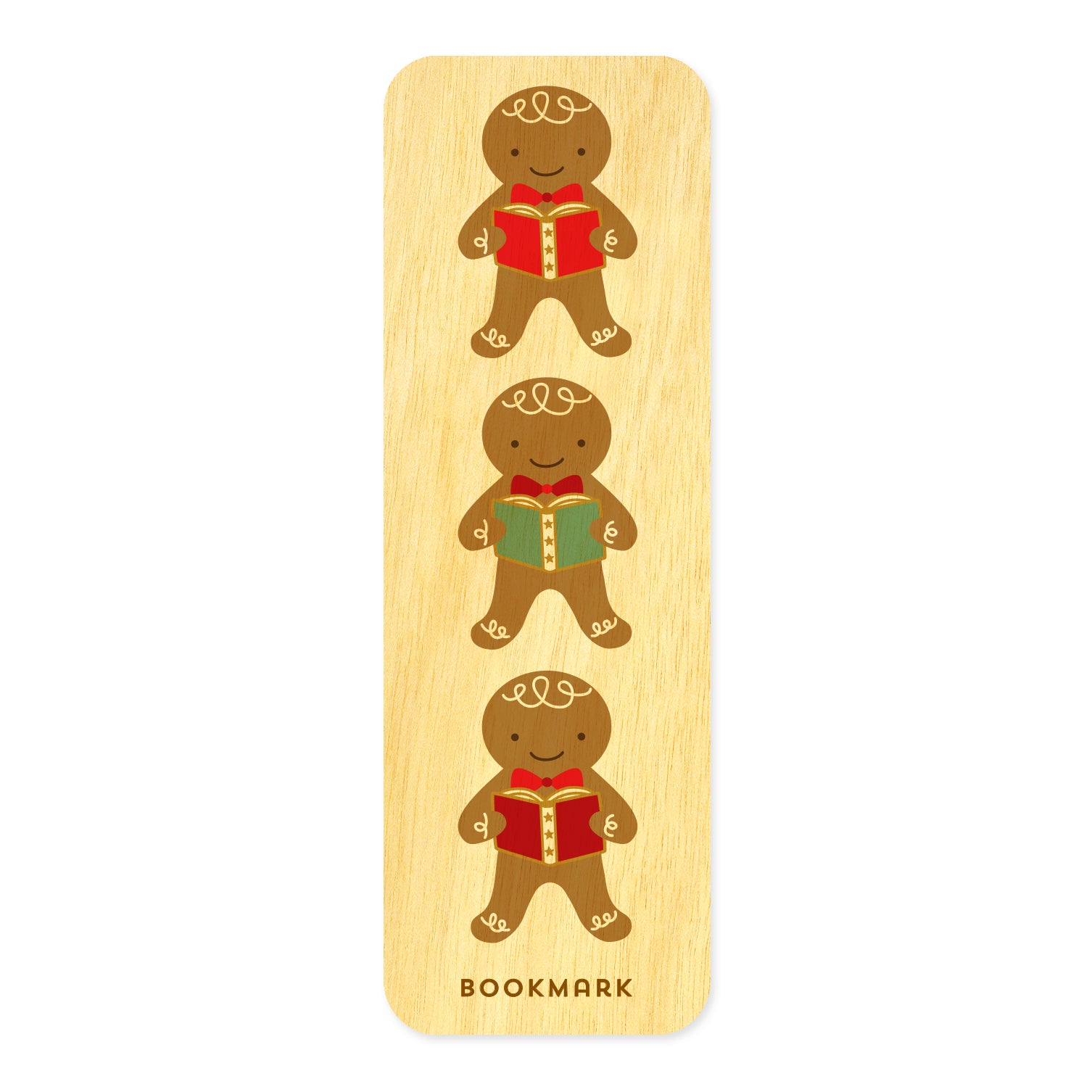 Front of Gingerbread birch wood mini bookmark with rounded corners, featuring three smiling gingerbread cookies holding red and green books with decorative details. Text at bottom reads "BOOKMARK."
