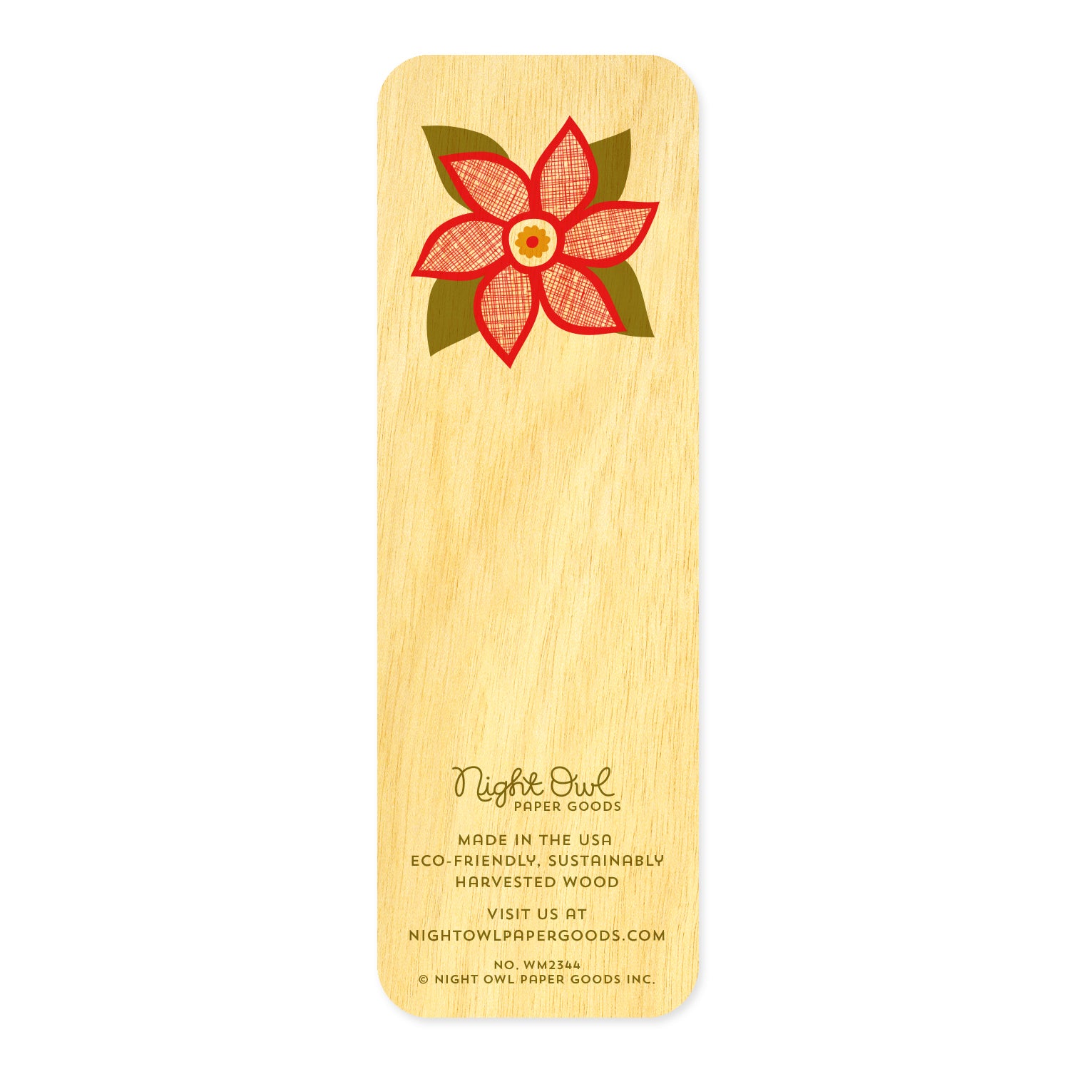 Back of Poinsettias birch wood mini bookmark, featuring a red poinsettia flower with olive green leaves and textured crosshatch detailing. At the bottom, the Night Owl Paper Goods script logo appears above text reading "Made in the USA - Eco-Friendly Sustainably Harvested Wood - Visit us at nightowlpapergoods.com."
