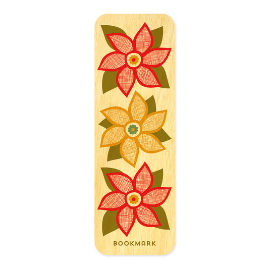 Front of Poinsettias birch wood mini bookmark with rounded corners, featuring three large red and gold poinsettia flowers with olive green leaves and textured crosshatch detailing. Text at bottom reads "BOOKMARK."
