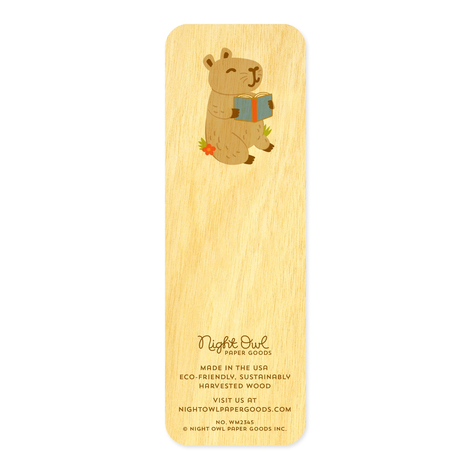 Back of Capy birch wood mini bookmark featuring a cute capybara holding an open book.
